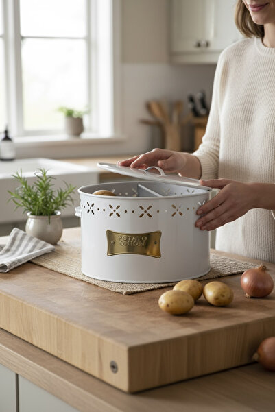 EVSTYLE Beyaz Metal Bölmeli Patates-soğan Saklama Kabı 18 Lt - Palkalı