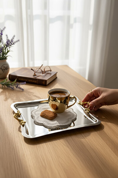 EVSTYLE طلاء تيتانيوم فضي اللون - صينية عرض منحنية مربعة الشكل، الشاي/القهوة/الحلوى