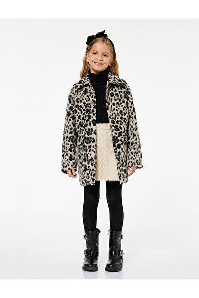 Koton Leopard Print Long Sleeve Crew Neck Coat with Flap Pockets
