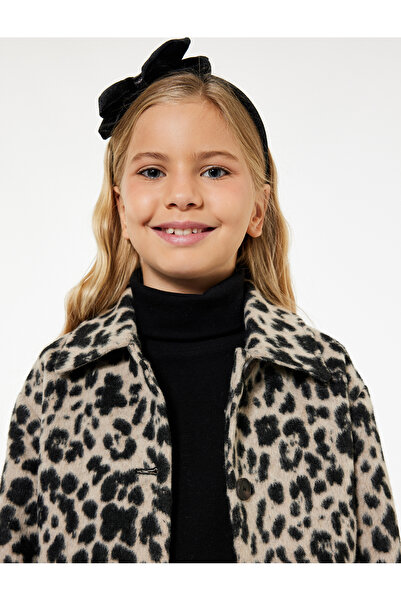 Koton Leopard Print Long Sleeve Crew Neck Coat with Flap Pockets