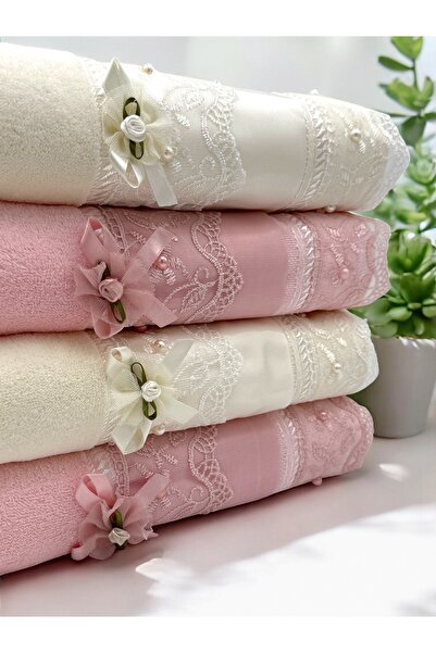 AYHANHOME 4'lü %100 Pamuklu Jakarlı Kadife Dantelli Güpürlü Fiyonklu Çeyizlik 50x90 El Ve Yüz Havlusu
