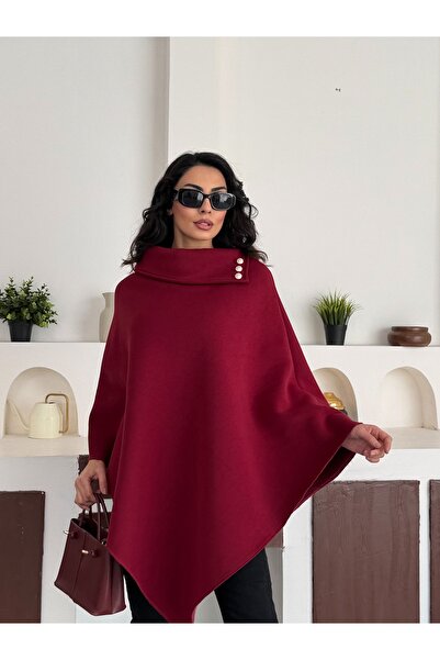 moda biz Women's Claret Red Collar Button Detailed Stylish Design Poncho