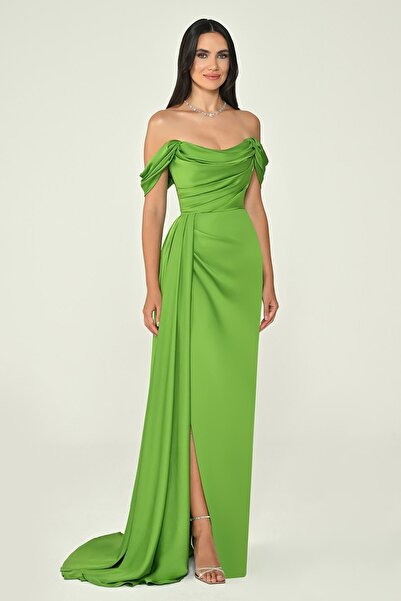 ALFABETA Women's Long Satin Evening Dress with Side Slit and Off Shoulder Prom Dress