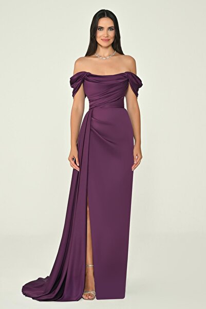 ALFABETA فستان سهرة نسائي طويل من الساتان شق جانبية وأكتاف مكشوفة وفستان حفل ...