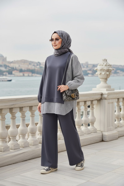Aselim Hijap Moda Anthracite Gray Double Set - Shirt and Lightweight Pants