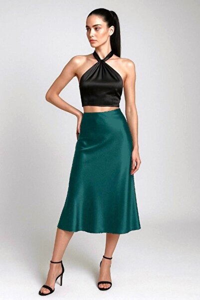 Kahra Collection Zümrüt 82cm Midi Boy Şık Saten Etek