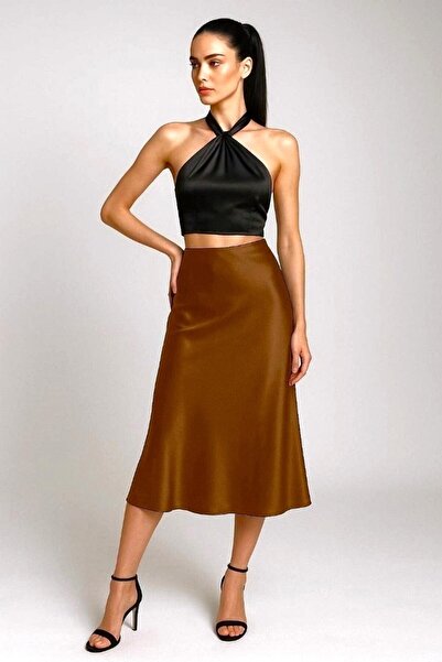 Kahra Collection Taba Rengi Midi Boy Şık Saten Etek