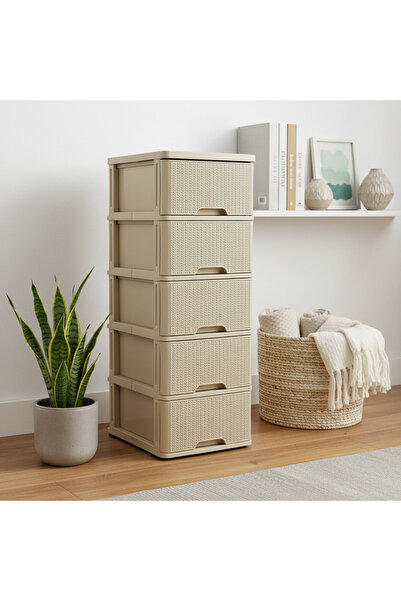 Living وحدة تخزين بلاستيكية من الروطان بخمسة أدراج مع عجلات - أنيقة