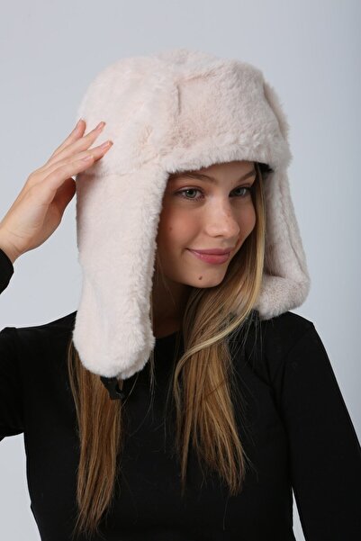 BALIENTE Beige Plush Women's Beanie Hat - with Faux Fur and Headphones
