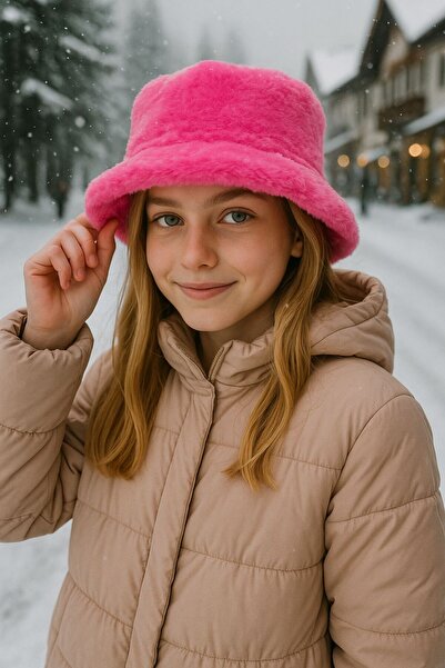 BALIENTE Pălărie cu găleată de pluș fucsia pentru fete - texturată moale