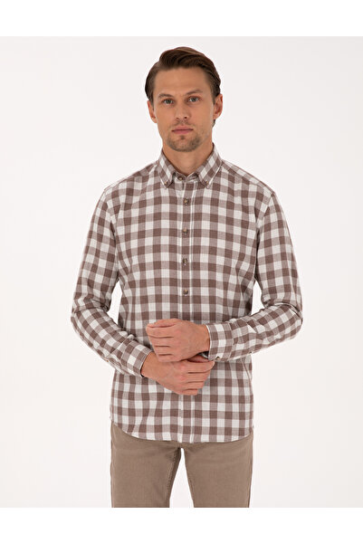 Pierre Cardin Kahverengi Kareli Regular Fit Uzun Kollu Gömlek 50298846-VR029