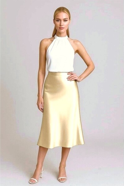 Kahra Collection Gold Krem Midi Boy Şık Saten Etek