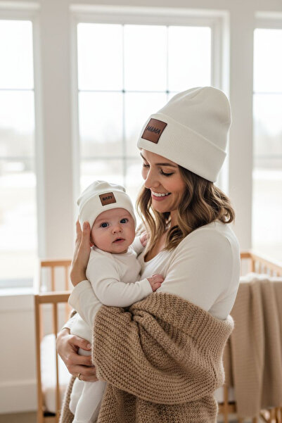 Mustran 95% Cotton Handcrafted Leather Label Mother Baby Beanie Set |   3–18 Months and Adult Gift