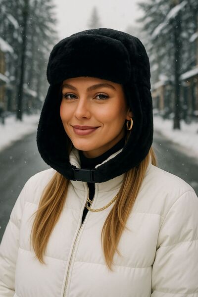 BALIENTE قبعة بيريه نسائية قطيفة - فرو صناعي أسود وسماعات رأس