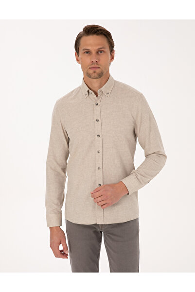 Pierre Cardin Bej Flanel Dokulu Slim Fit Uzun Kollu Gömlek 50316751-VR011
