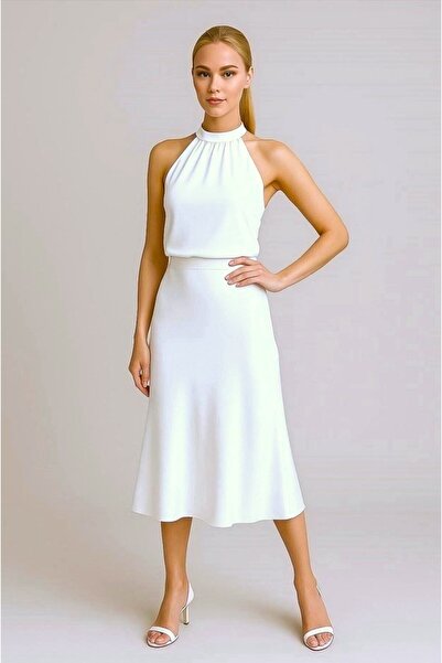 Kahra Collection Beyaz Midi Boy Saten Etek ( Astarla Giyilmesi Önerilir )