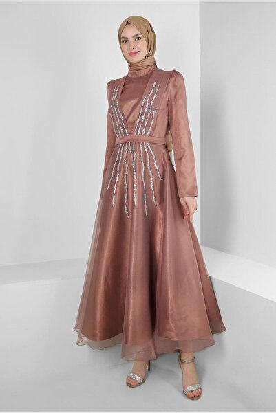 Alvina DİK YAKA TAŞ BASKILI ABİYE ELBİSE 50308