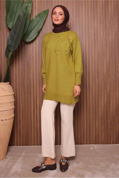 TRENDTESETTÜR Women's Green (Acid) Stone Detailled Knit Tunic t 1207