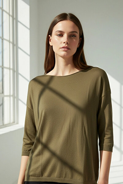 Bİ.GİYSEN Women's Khaki Green Boat Neck Stretch Fabric 100% Cotton Yarn Thin Knitwear Blouse