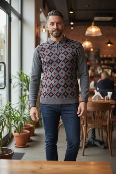 Kamalı Erkek Çelik Örgü Gömlek Yaka Fermuarlı Polo Yakalı Çizgili Desen Tüylenmeyen Triko Kışlık Baba Kazak