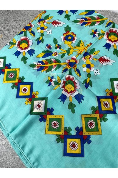 Sobe Hediyelik Turquoise Floral Patterned Local Writing - Suitable for Daily and Dowry Use Headscarf