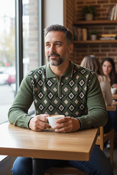 Kamalı Чоловічі сталеві в'язані сорочки комір на блискавці комір поло смугастий візерунок непілінговий трикотажний светр зимовий тато
