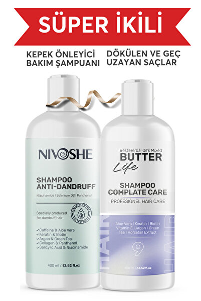 Life Butter Dökülen Ve Geç Uzayan Saçlar için Şampuan VE Anti Dandruff Kepek Karşıtı Tuzsuz Şampuan 400 ml