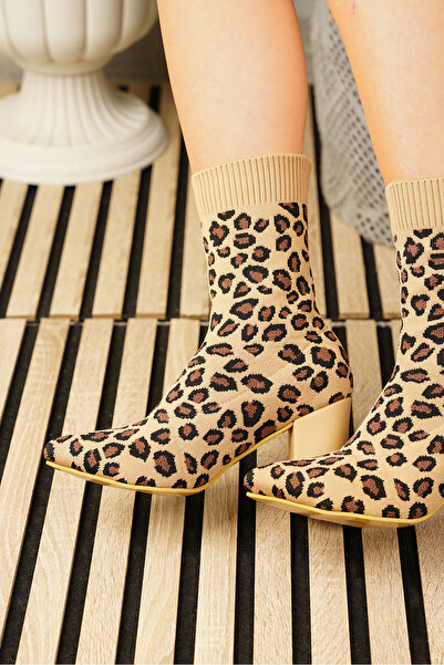 Allyup Günlük Kadın Streç Triko Kalın Yüksek Topuklu Bot Bootie Çorap Leopar Sivri Burun Ayakkabı 167