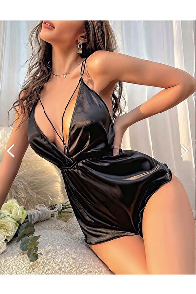 NİVENE Kadın Siyah Şık Seksi Tulum Saten Gecelik
