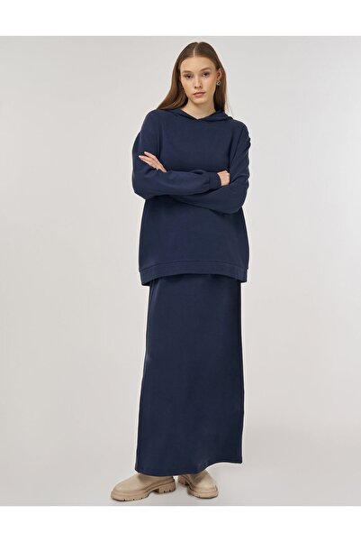 Kayra Hooded Detailed Skirted Two-Piece Set Navy Blue