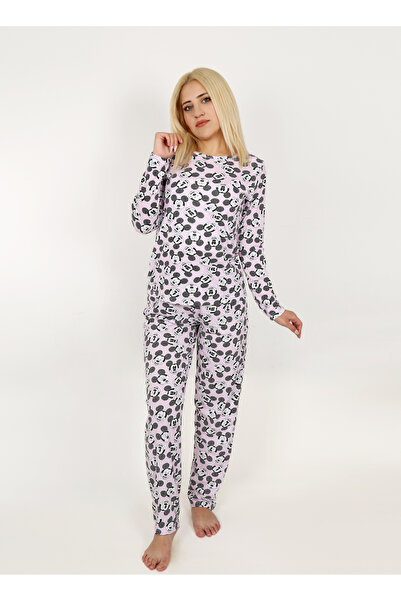 Mythologie Mickey Mouse Character Patterned Cotton Pajama Set - Pink Long Sleeve Wide Leg Crew Neck