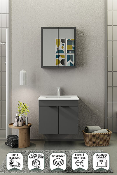 BİANİ FİX Loft 65 Cm Mat Gri Banyo Dolabı