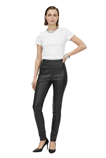 Deriderim Siyah Kadın Beli Lastikli Cepsiz Tayt Hakiki Streç Deri Pantolon