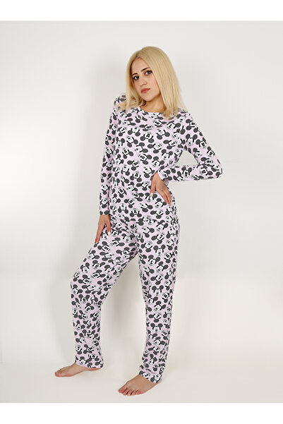 Trendglow Bavlněná pyžamová souprava se vzorem Mickey Mouse - růžový dlouhý rukáv, široké nohavice, výstřih