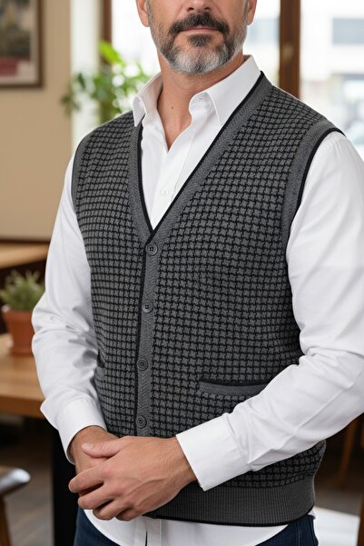 Kamalı Γκρι ανδρικό πλεκτό ατσάλι με κουμπιά τσέπες Houndstooth μοτίβο που δεν κολλάει χειμωνιάτικο πουλόβερ γιλέκο