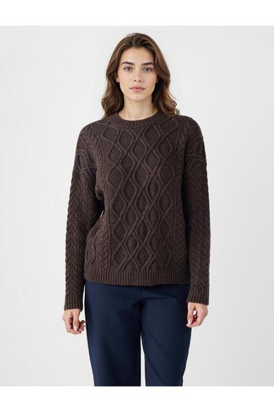 Jimmy Key سترة تريكو منقوشة بأكمام طويلة وياقة دائرية بلون بني مرير