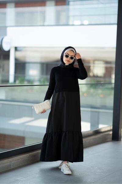 EBRU ALTAŞ Kapüşonlu Paraşüt İki İplik Siyah Elbise Carra