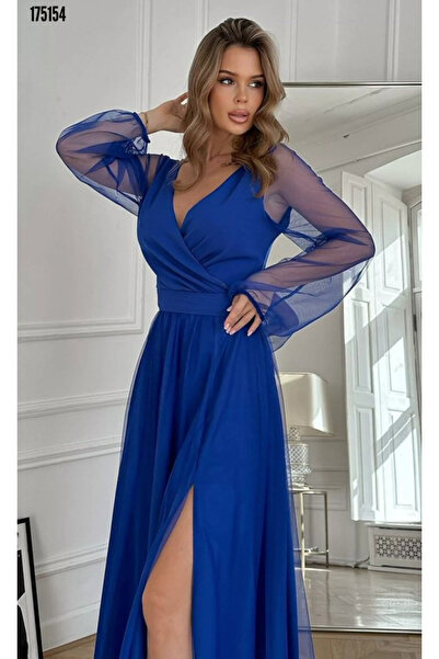 moda wanilia Kadın Tüllü Uzun Krep Elbise - Uzun Kollu, Kruvaze Yaka ve Kuşaklı