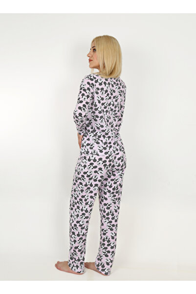 Mythologie Mickey Mouse Character Patterned Cotton Pajama Set - Pink Long Sleeve Wide Leg Crew Neck