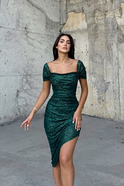 bella istanbul Lianna Degaje Yaka Midi Elbise