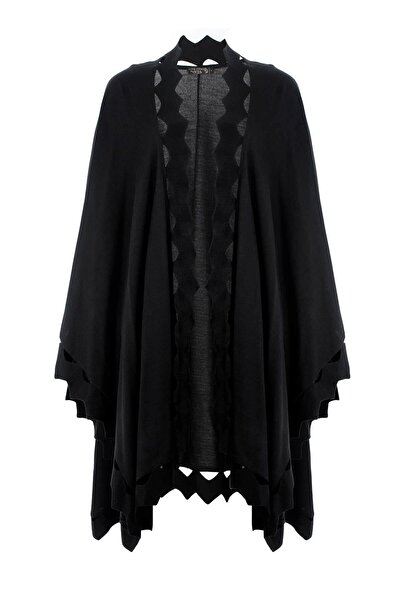 Butik Triko Mutlu Ertan Women's Zigzag Detailed Knitwear Cape Poncho Black 2044