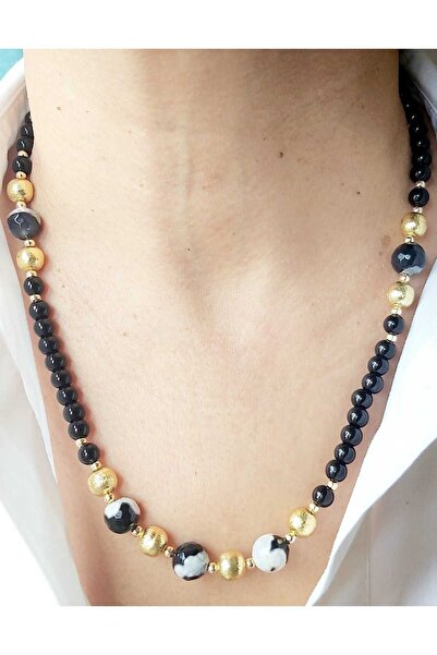 DEVİ fashion Siyah Akik Doğal Taşlı Özel Tasarım Kolye