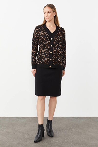 Mutlu Ertan Women's Leopard Print Buttoned Short Cardigan Black - Camel 20093