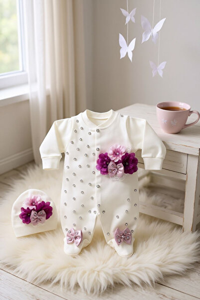 Şeker Tadında Tasarımlar Newborn Baby Girl Romper Set with Stones and Flowers