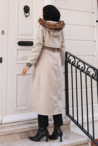 Modamihram Шуба з хутряним коміром і шнурівкою на талії, бежева 19269