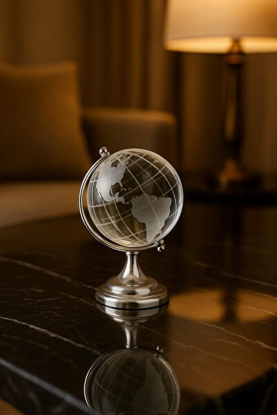 Home Kristal Küre Dünya Biblosu – Gümüş Renkli Lüks Masa Üstü Dekoratif Obje