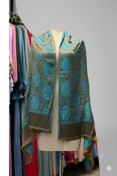 Hazard Taşlı Şal Desenli Parlak Dore-Turkuaz Şal