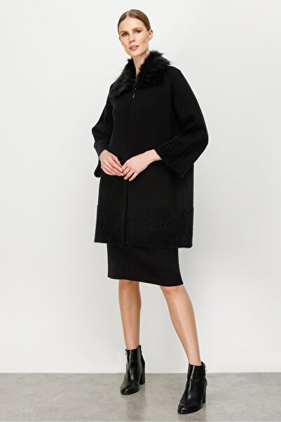 Butik Triko Mutlu Ertan Women's Fur Collar Detailed Knitwear Cardigan Black 20043