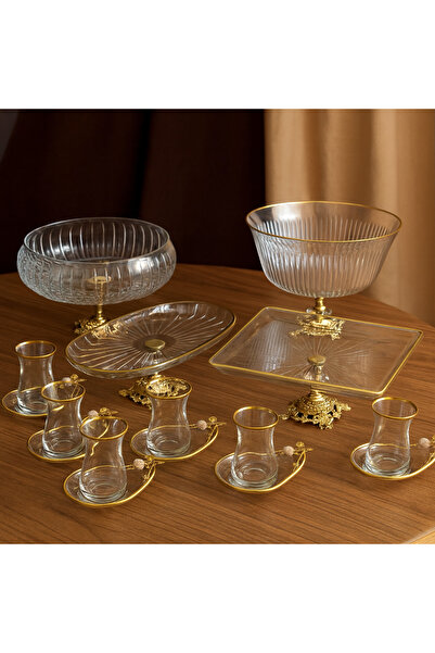 Elta Collection مجموعة تقديم وخدمة باشباشة ذات قاعدة معدنية ذهبية اللون، مجمو...