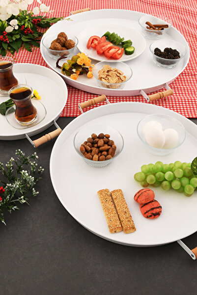 AKSESUAR EVRENİ London 3-Piece (51, 37, 31 cm) White Presentation Metal Serving Tray Set Breakfast Wooden Cup Treat Holder